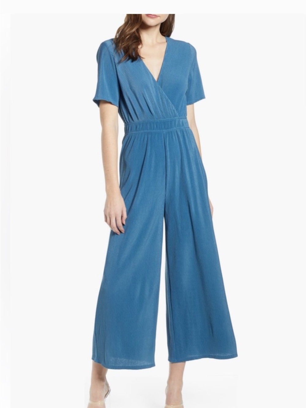Astr Light Blue Short Sleeve Wrap Jumpsuit